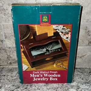 Vintage American Eagle Men's Wooden Jewelry Box Etched‎ Glass Dark Walnut